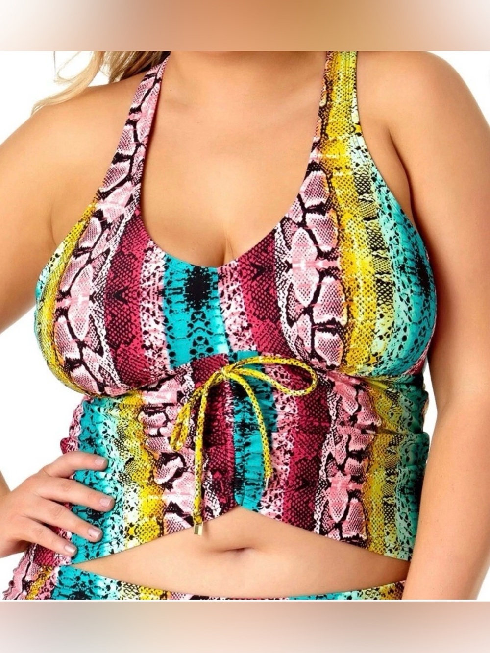 ALLURE Multi Color Stretch Ruched Scoop Neck Tie Tankini Swimsuit Top 1X (16/18)